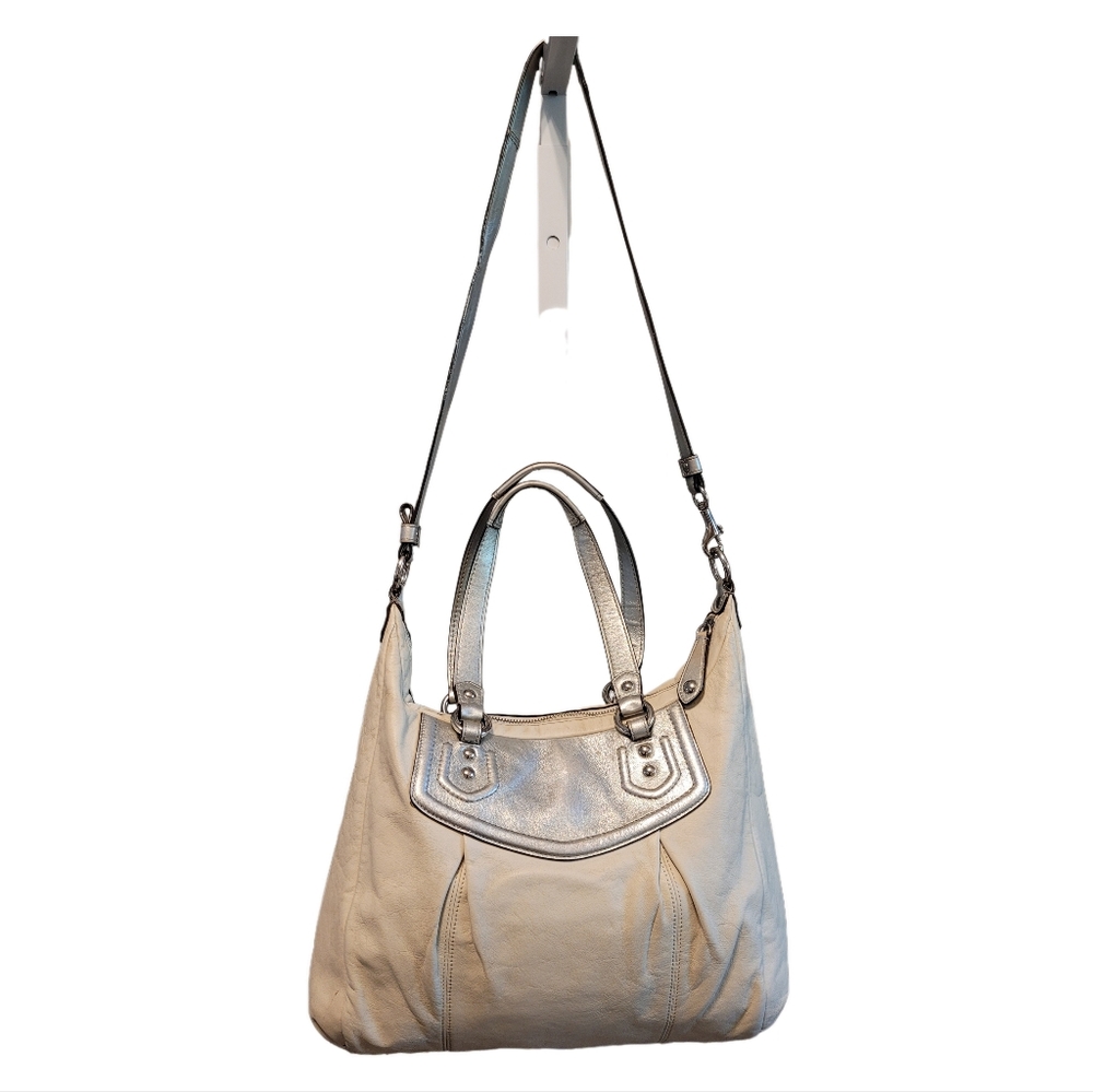 COACH ASHLEY IVORY & SILVER LEATHER CONVERTIBLE SATCHEL TOTE BAG F20104 GUC - Picture 2 of 16